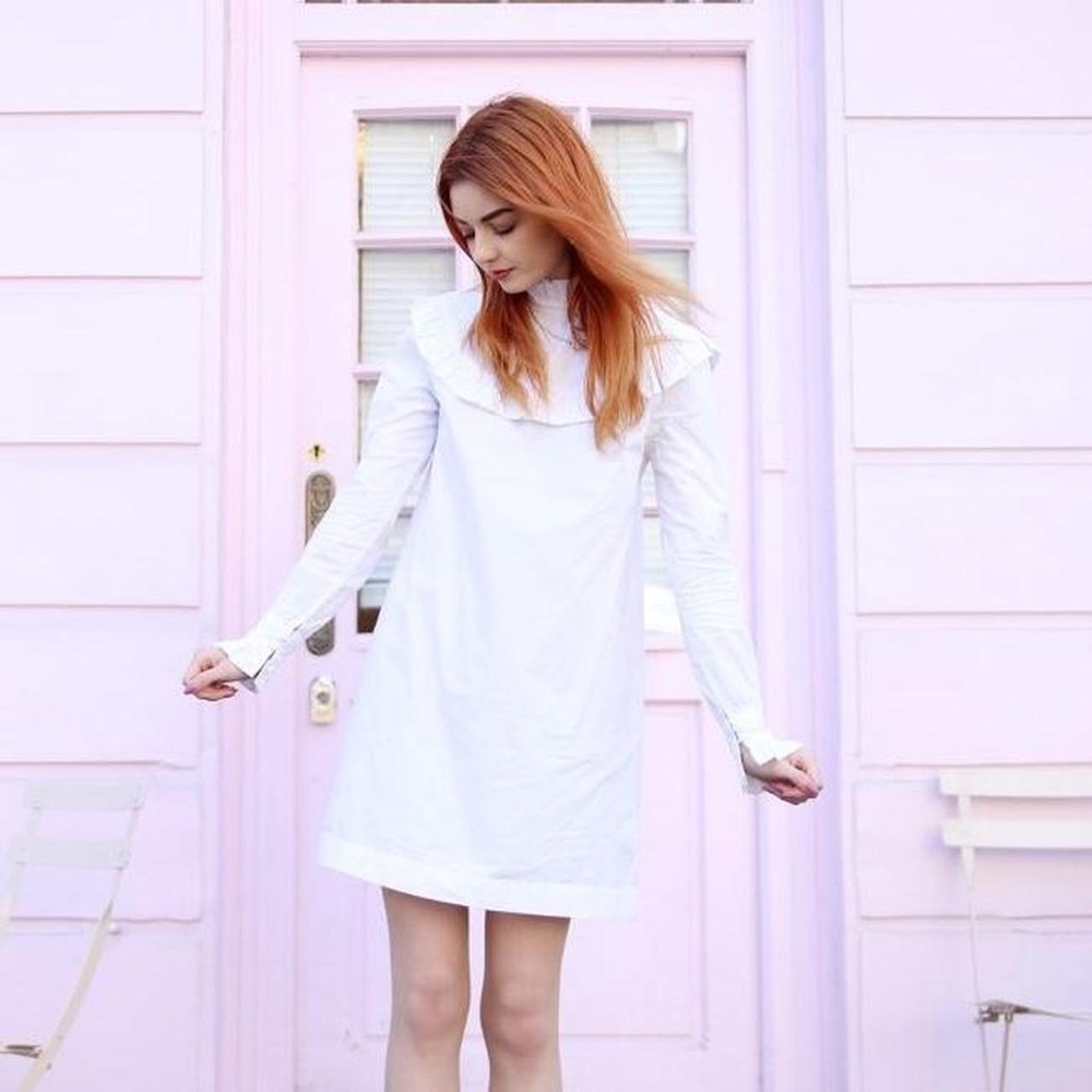 M&S x Alexa Chung The Harry Dress White Cotton Poplin Ruffle Bib Dress Victorian